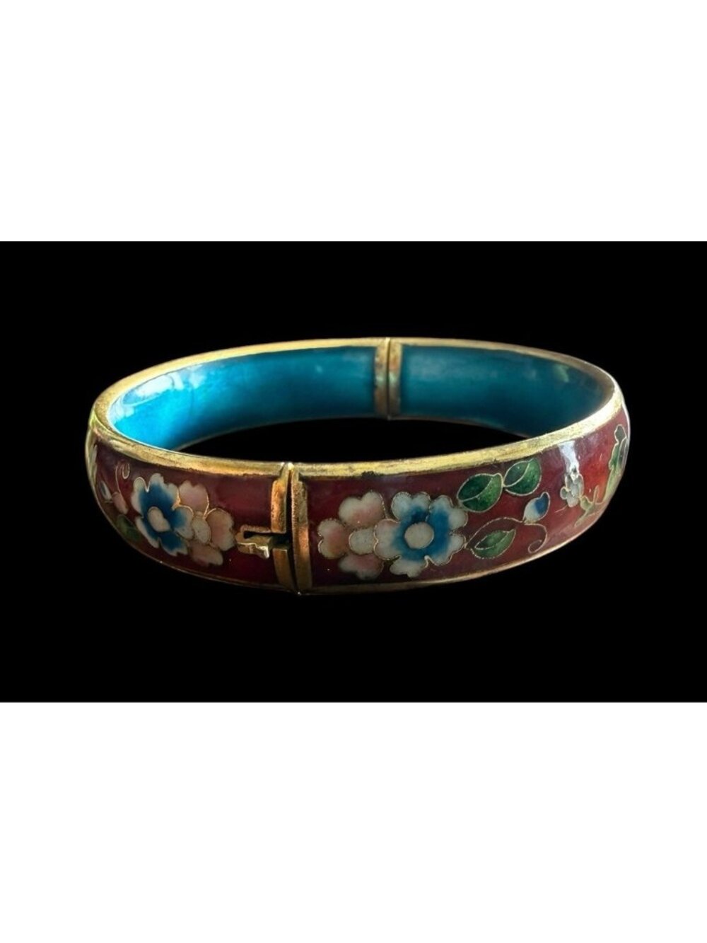 Vintage Chinese Cloisonné Floral Red Enamel Hinged Bangle Bracelet